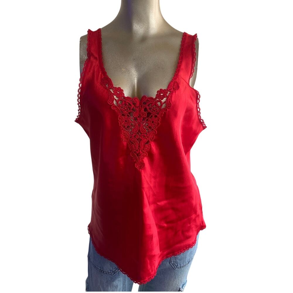 Vintage Red Satin Lace Camisole Tank Top Embroidery Cami Medium